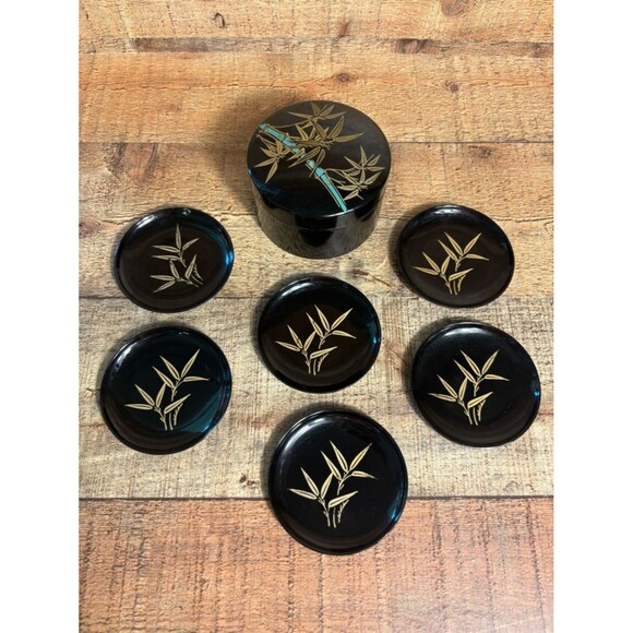 Unbranded Other - Japanese Lacquered Bamboo (6) Black Coasters Round Box Gold Bamboo Design